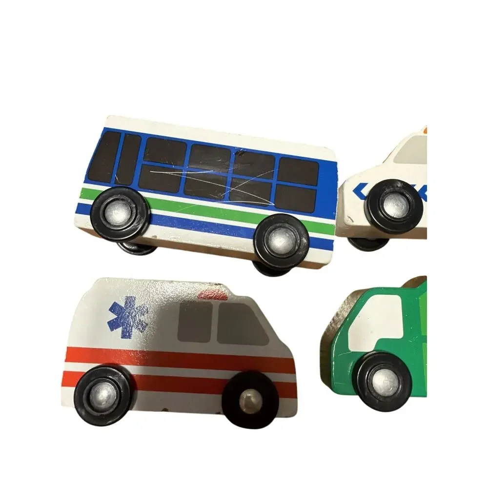 Melissa & Doug Lot of 8 Wooden Train and Emergency Vehicles Fits Brio IKEA Truck